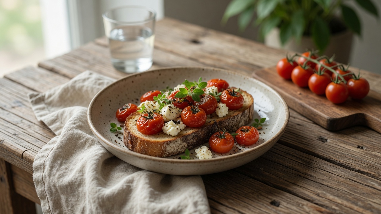 Sample AI-generated photo of toast with roasted tomatoes used for the DotCheck score demo